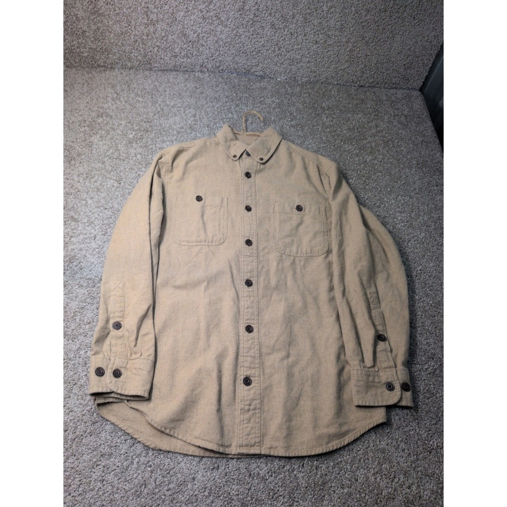 Duluth Trading Co Mens Small Relaxed Fit Heavy Cotton Flannel‎ Shirt Tan Solid